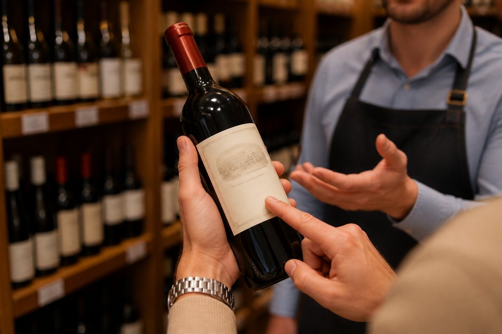 Närbild på händer som håller en vinflaska och pekar på etikettens olika delar, med en sommelier som förklarar i bakgrunden