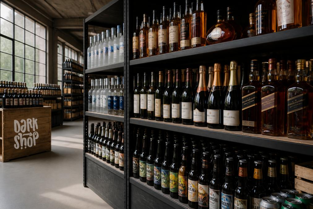Półka z butelkami różnych alkoholi: wódka, whisky, koniak, rum, wina musujące, piwo rzemieślnicze w szklanym oświetleniu magazynu z naturalnym światłem