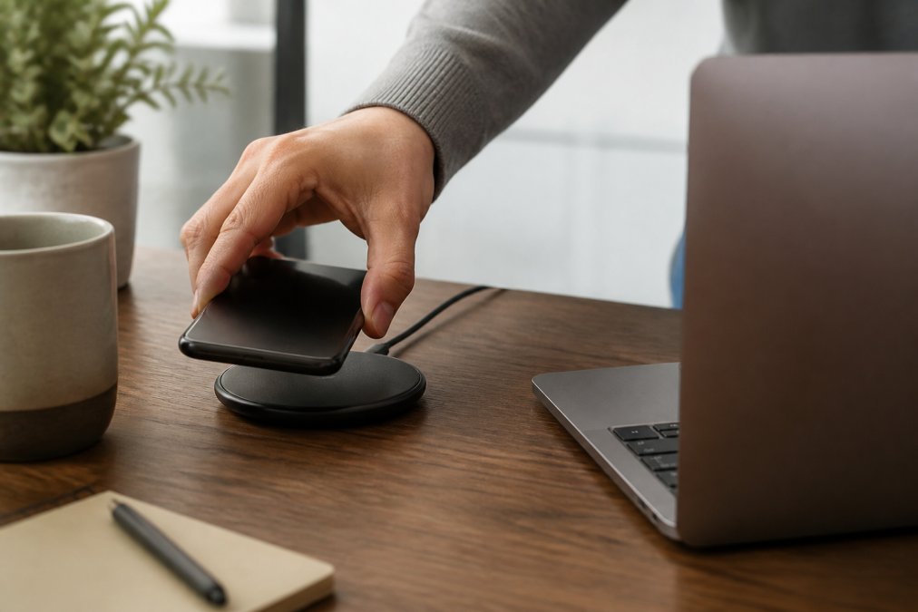 En person som legger en smarttelefon på en trådløs ladeplate på et skrivebord på et hjemmekontor, med en kaffekopp og bærbar datamaskin i nærheten