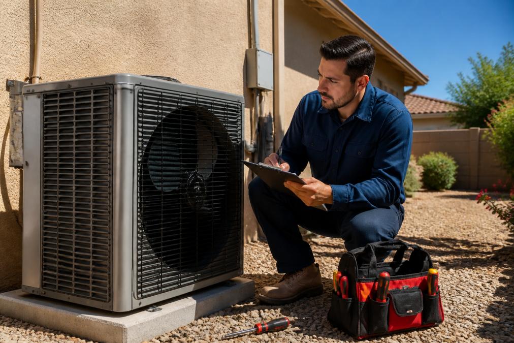 A licensed HVAC technician in uniform inspecting a modern outdoor heat pump unit beside a residential home, with tools and a clipboard visible, sunny day with clear sky