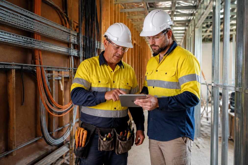 An electrician and an HVAC technician reviewing switchboard plans together on a tablet at a residential construction site, tools and cable trays visible in the background