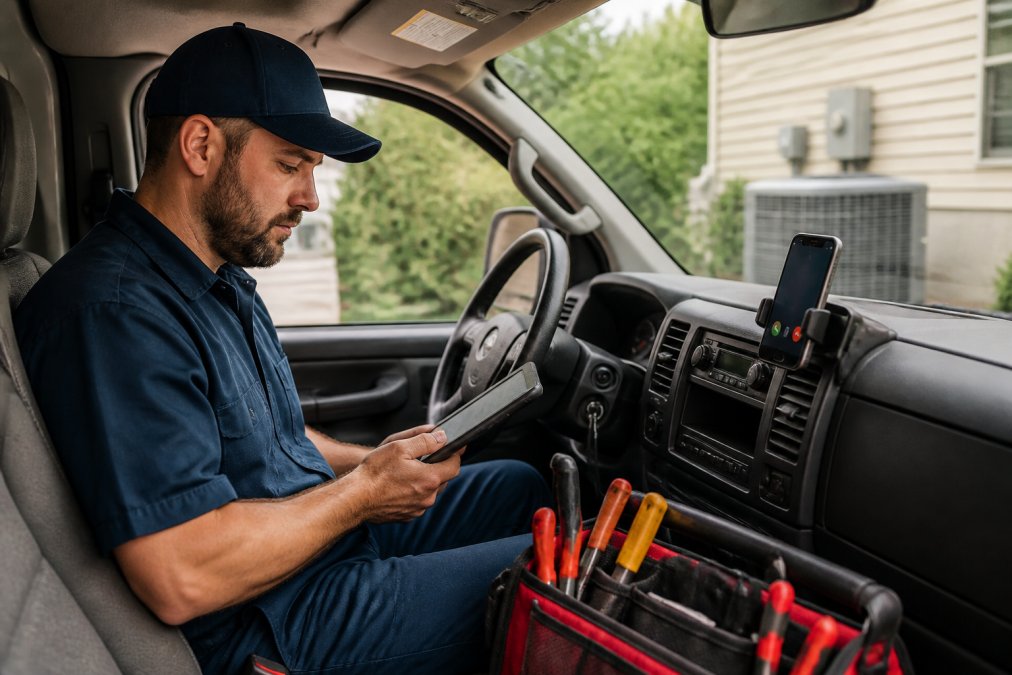 HVAC technician using a tablet in a service van to manage hvac business growth through automated phone scheduling