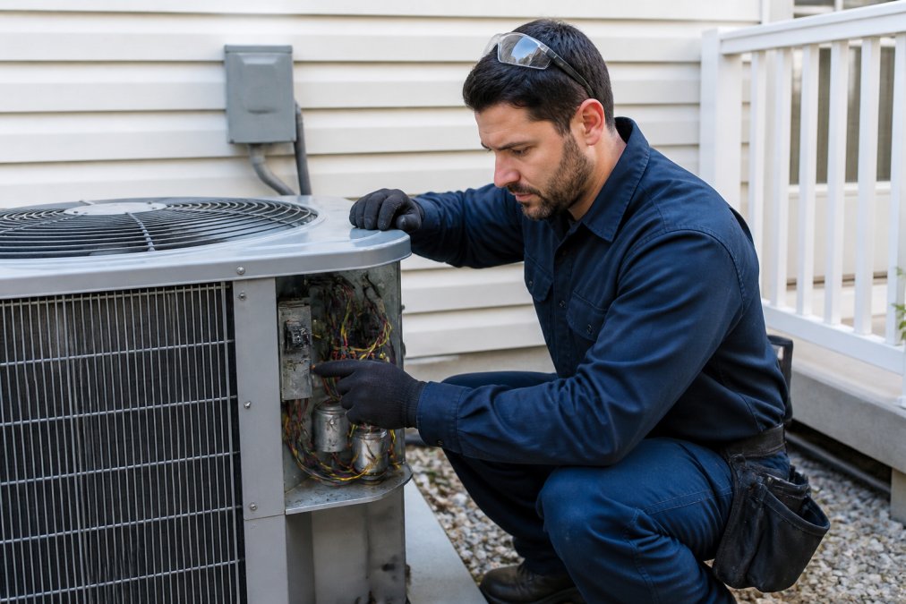 Certified HVAC technician in company uniform and safety gear examining an air conditioning condenser unit at a residential home's exterior wall, demonstrating professional inspection and maintenance work