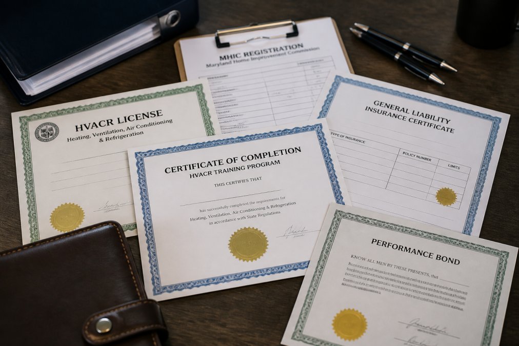 Close-up of licensing documents, HVACR certificates, MHIC registration papers, and general liability insurance certificates organized and displayed on a professional desk, representing contractor credentials and regulatory compliance documentation