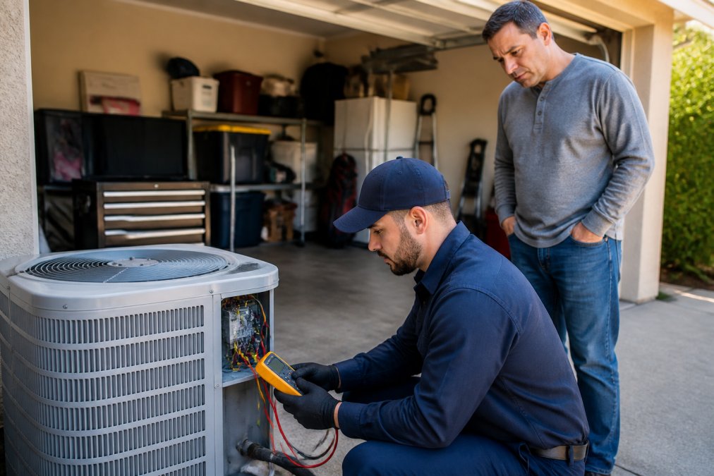 HVAC technician using a multimeter during an HVAC diagnostic service cost breakdown inspection with a homeowner