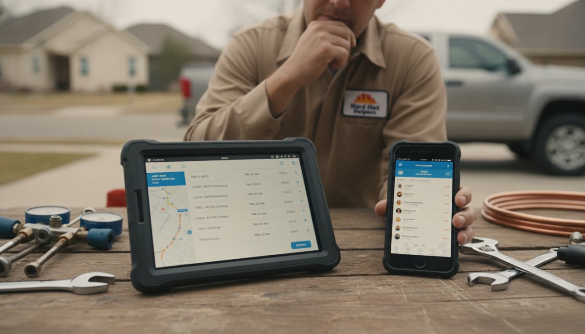 HVAC technician in the field holding a tablet displaying dispatch job details and customer information with the mobile app visible on screen, natural outdoor lighting