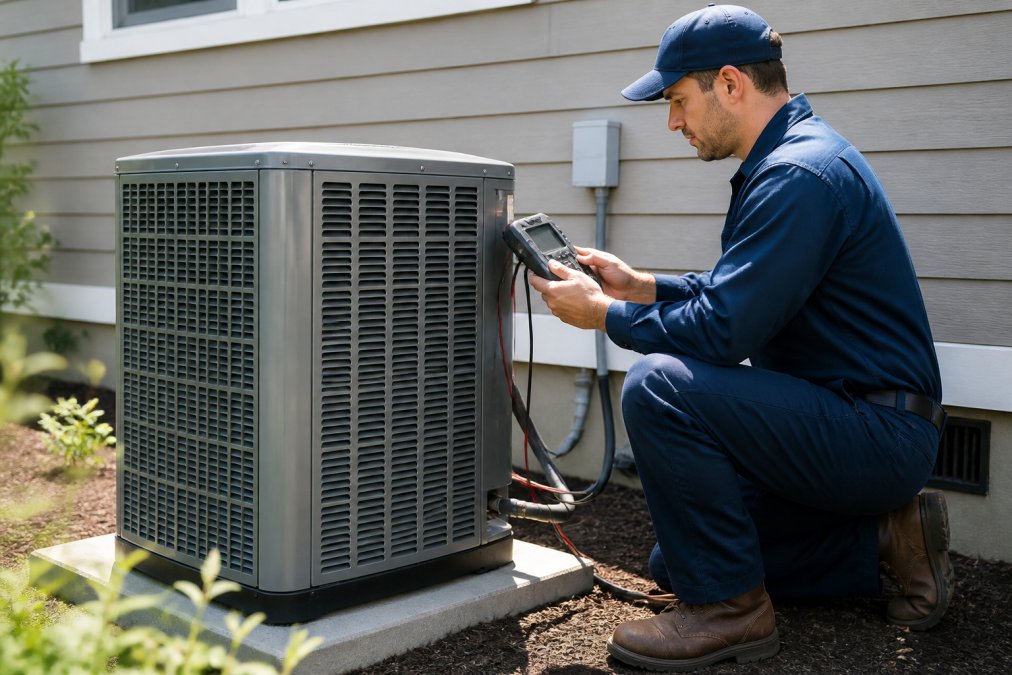 A technician in a dark blue uniform kneeling beside a modern outdoor HVAC condenser unit, holding a digital diagnostic tool and checking readings on a suburban home's exterior