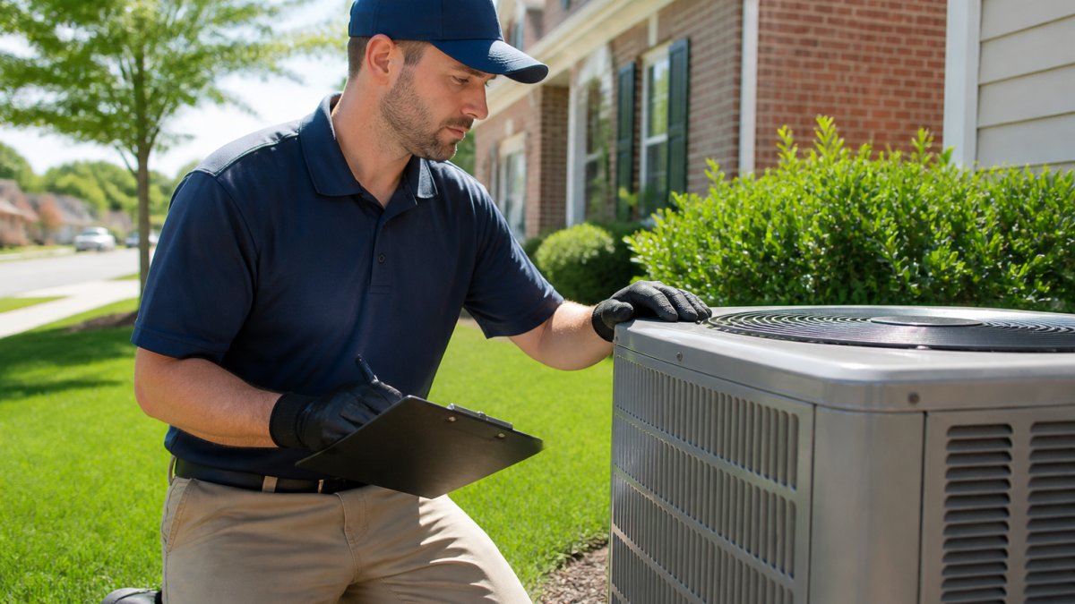 A professional HVAC technician in uniform inspecting a residential air conditioning unit outdoors, holding a clipboard and wearing safety gloves, with a suburban home in the background on a sunny day