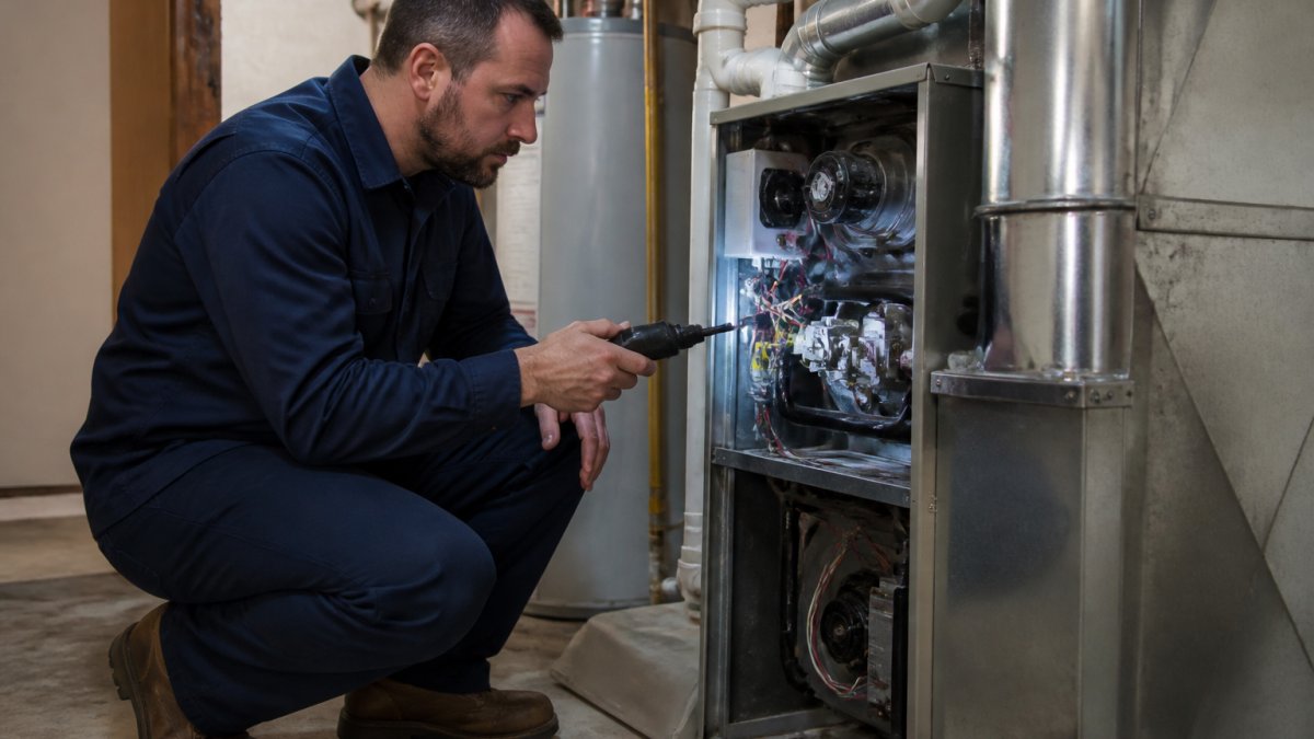Professional technician inspecting a home heating system for HVAC in NJ services