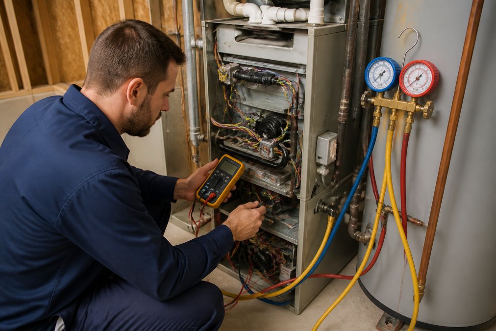Professional HVAC technician in work uniform using digital multimeter and pressure gauge to test electrical components and refrigerant levels on a residential furnace unit in a basement