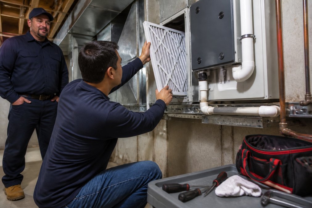 Homeowner in casual clothing carefully removing and replacing air filter in HVAC system mounted on basement wall while licensed technician in Air CareSaver uniform observes in background