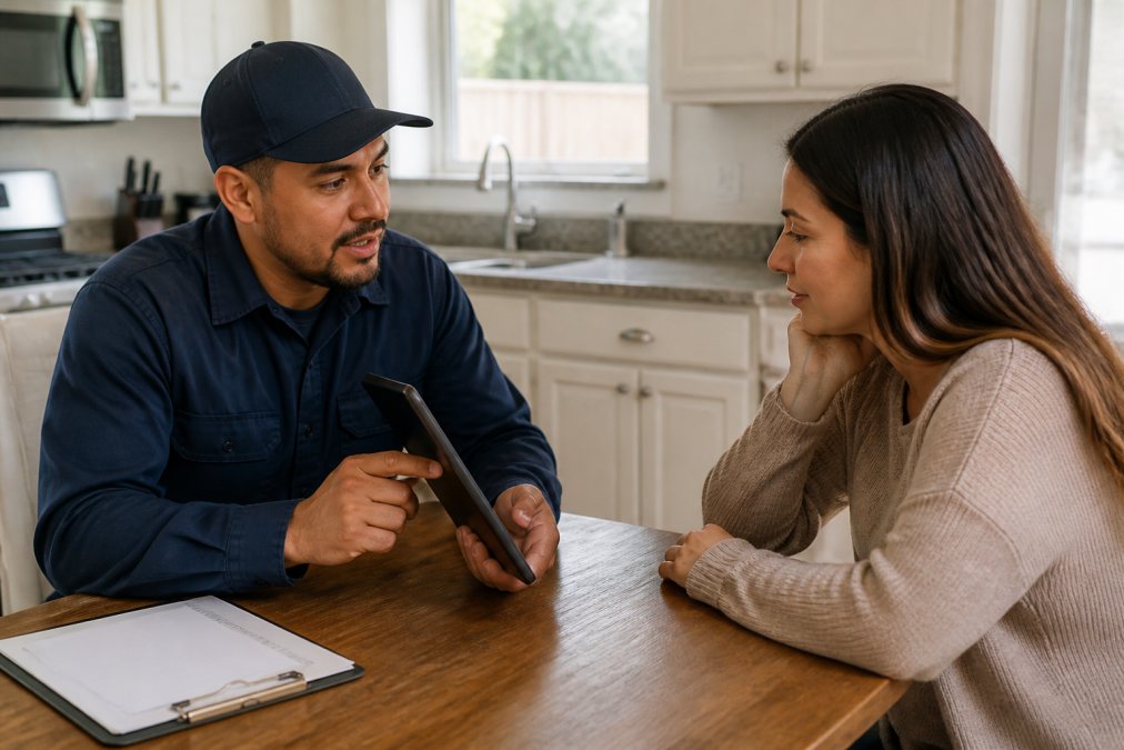 Licensed HVAC technician discussing estimate details with homeowner at kitchen table, showing tablet with system specifications and cost breakdown