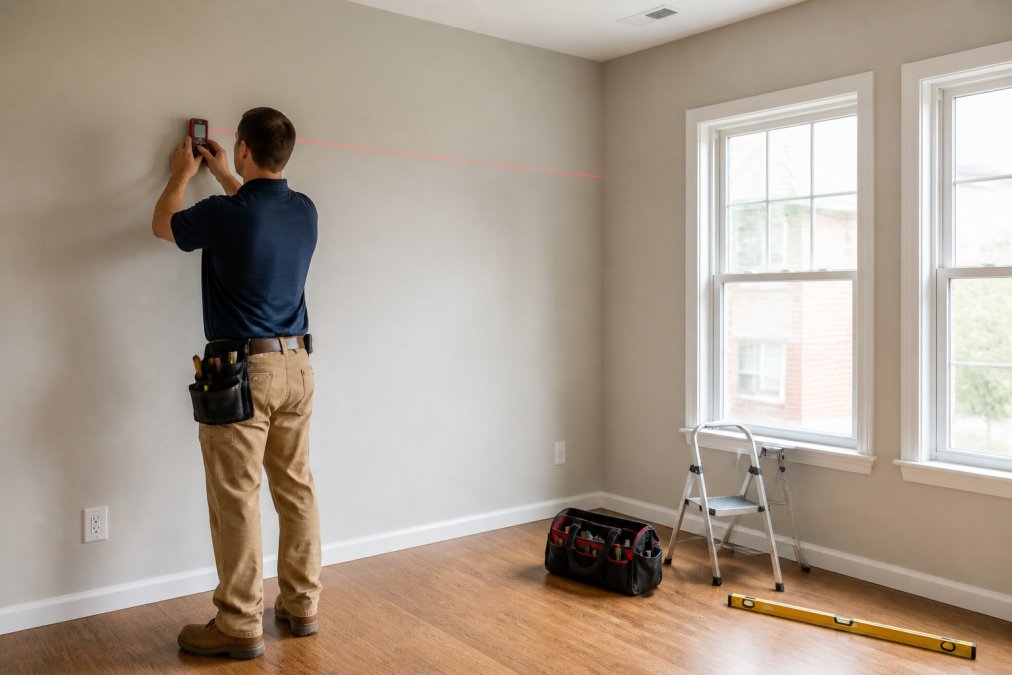Technician using a laser tool for hvac installation for rental properties measurements in a vacant unit