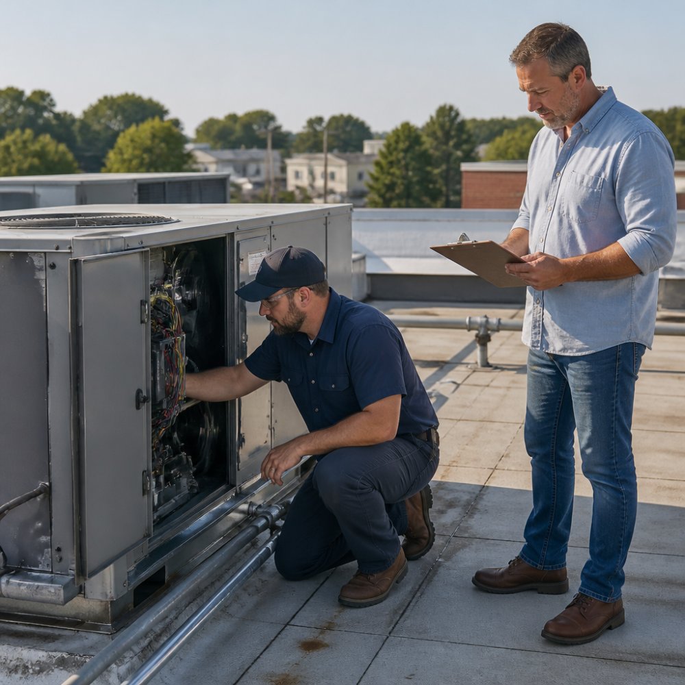 HVAC technician inspecting a rooftop unit while a business owner reviews the HVAC installation checklist.