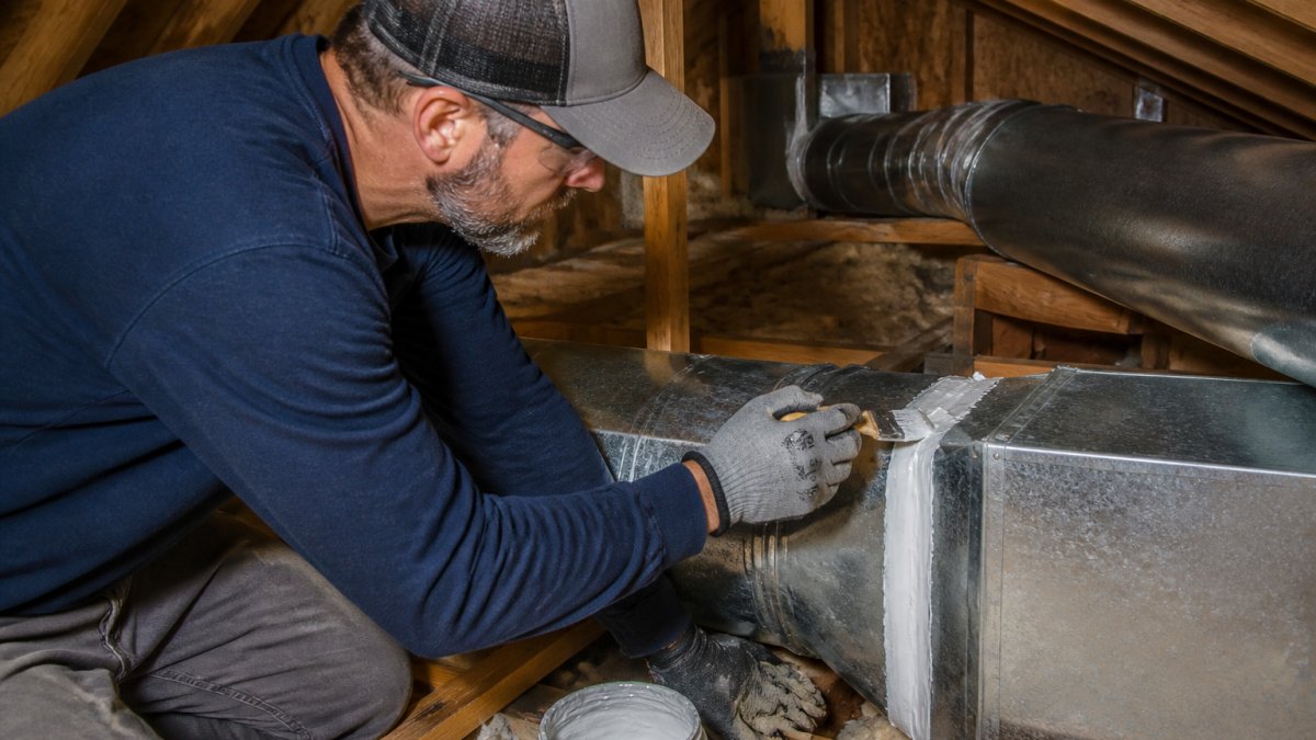 Professional HVAC technician sealing ductwork joints with mastic compound in an attic space, showing proper sealing technique with visible duct sections and insulation in background