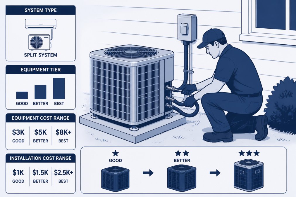 Professional HVAC technician installing a split system condenser unit outside a residential home, showing the outdoor equipment mounted on concrete pad with refrigerant lines being connected