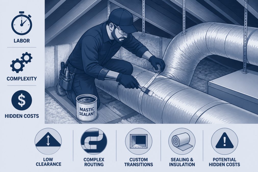 Professional HVAC installer working on ductwork inside an attic space, measuring and sealing ducts with mastic sealant, showing the complexity of installation work in tight residential spaces