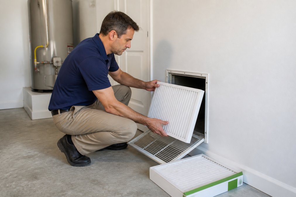 A homeowner in a bright utility room replacing a clean white air filter into an open HVAC return vent, with a new filter box visible nearby