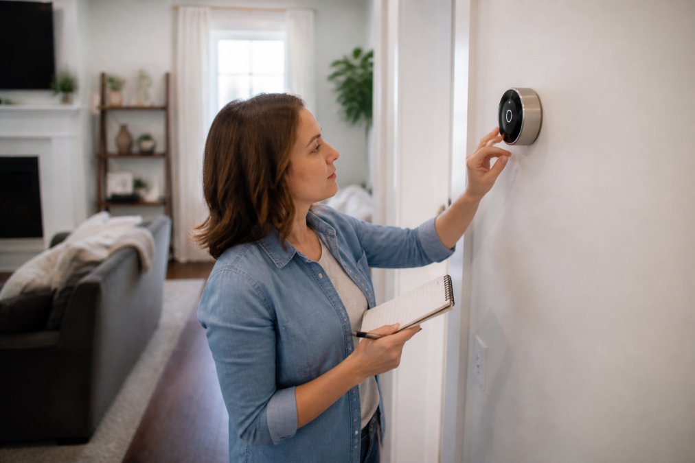 Homeowner in casual clothes checking a wall-mounted thermostat in a bright living room, holding a small notepad with checklist items
