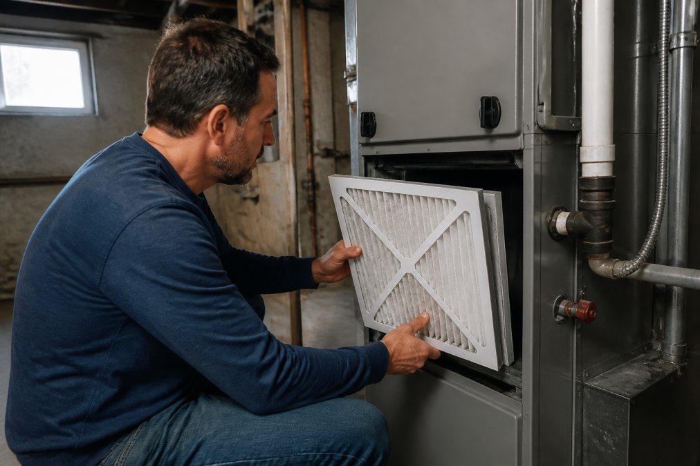Homeowner in casual clothing checking and replacing a white pleated air filter in a furnace unit mounted in a basement utility room with exposed pipes and concrete walls, natural light from a small window