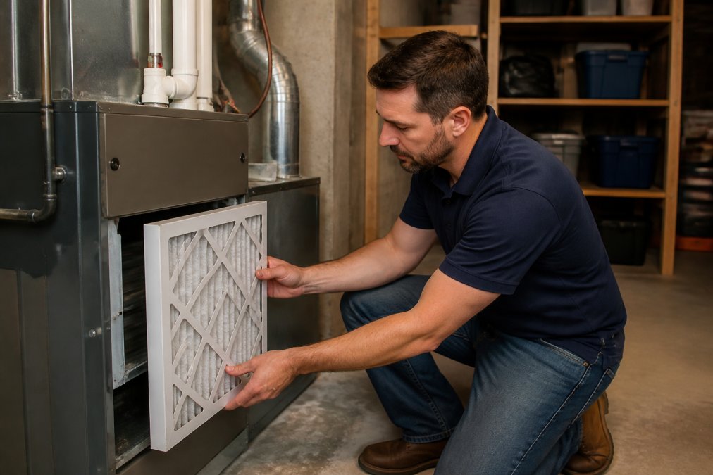 Homeowner in casual clothing kneeling beside a basement furnace unit, carefully sliding a white HVAC air filter into the filter housing, with natural basement lighting and storage shelves visible in the background