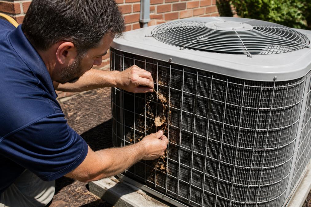 Homeowner's hands carefully removing dried leaves and twigs from the metal fins of an outdoor HVAC condenser unit on a sunny day, with the unit mounted on a concrete pad against a brick house wall