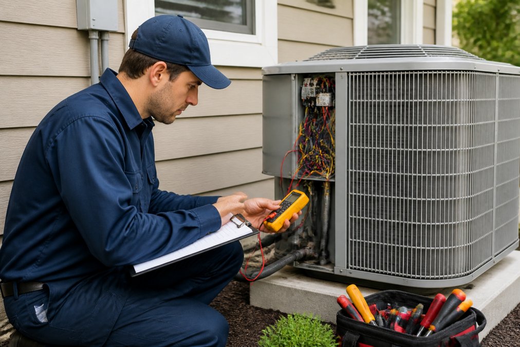 Licensed HVAC technician in blue uniform holding a digital multimeter and inspection clipboard, examining the electrical connections on an outdoor air conditioning condenser unit mounted on a residential home exterior wall, with diagnostic tools visible nearby