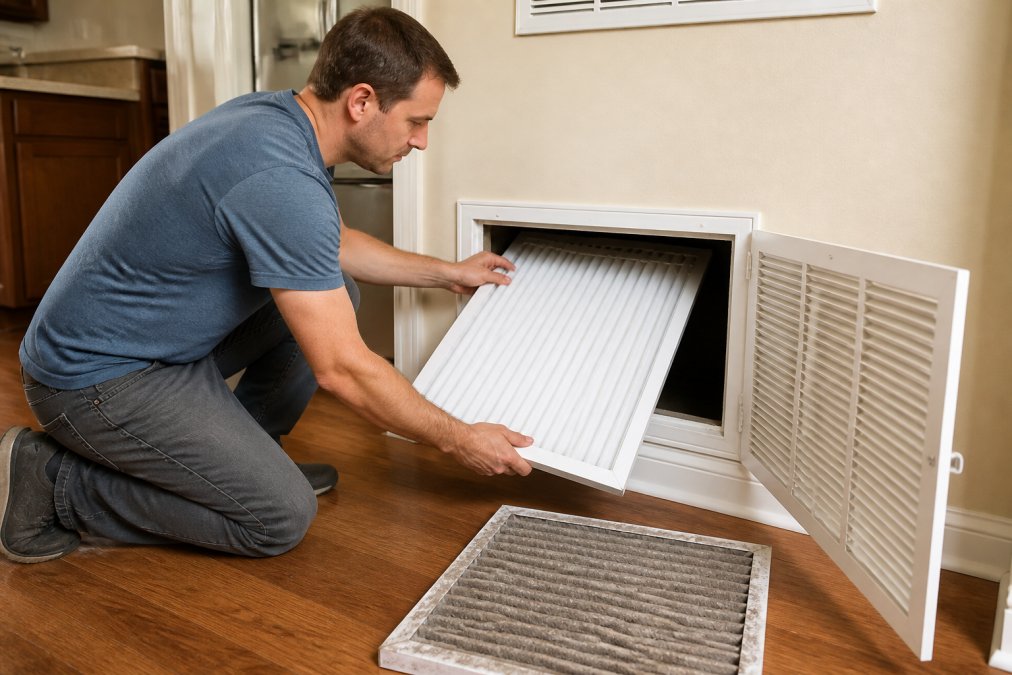 A homeowner in casual clothes kneeling beside an open HVAC return vent, sliding a clean white air filter into place while the old dusty filter rests on the floor next to them