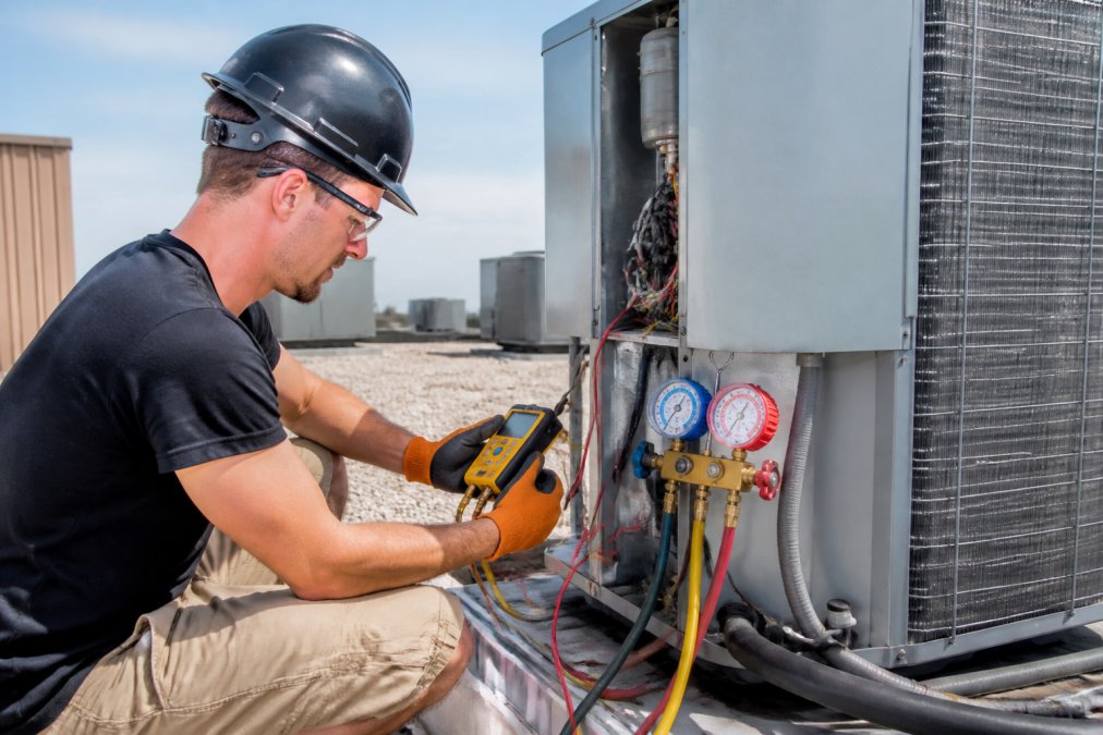 HVAC technician in uniform and safety gear inspecting condenser coils on a rooftop commercial unit during daylight, using a digital diagnostic meter to check refrigerant pressure