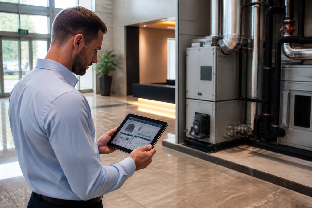 Facility manager in business casual attire reviewing a building automation system dashboard on a tablet device in a commercial office lobby, with HVAC equipment visible in the background and data charts displayed on the screen