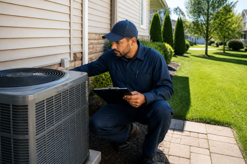 A uniformed HVAC technician inspecting a residential outdoor condenser unit with a clipboard, green lawn and house in the background, bright daylight