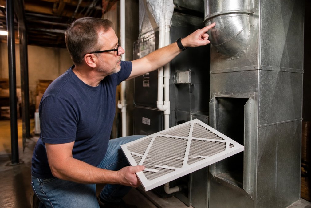 Homeowner in basement examining furnace components and air filter, pointing to ductwork connections and filter housing with natural basement lighting