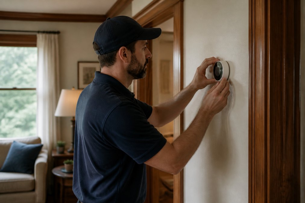 Licensed HVAC technician installing sleek white smart thermostat on wall in older home's living room, with vintage wood trim visible and natural window lighting
