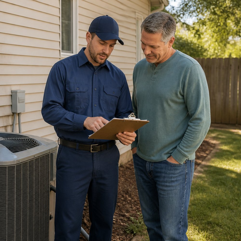 Landlord and HVAC technician reviewing a maintenance checklist by an outdoor air conditioning unit