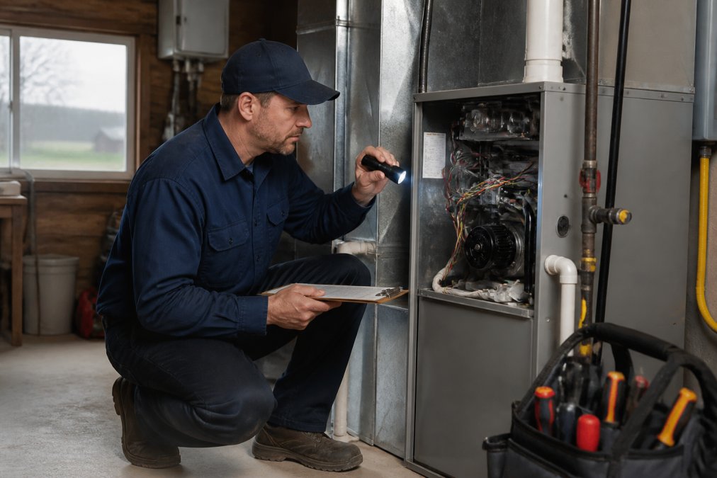 Technician performing professional hvac maintenance on a furnace in a residential utility room