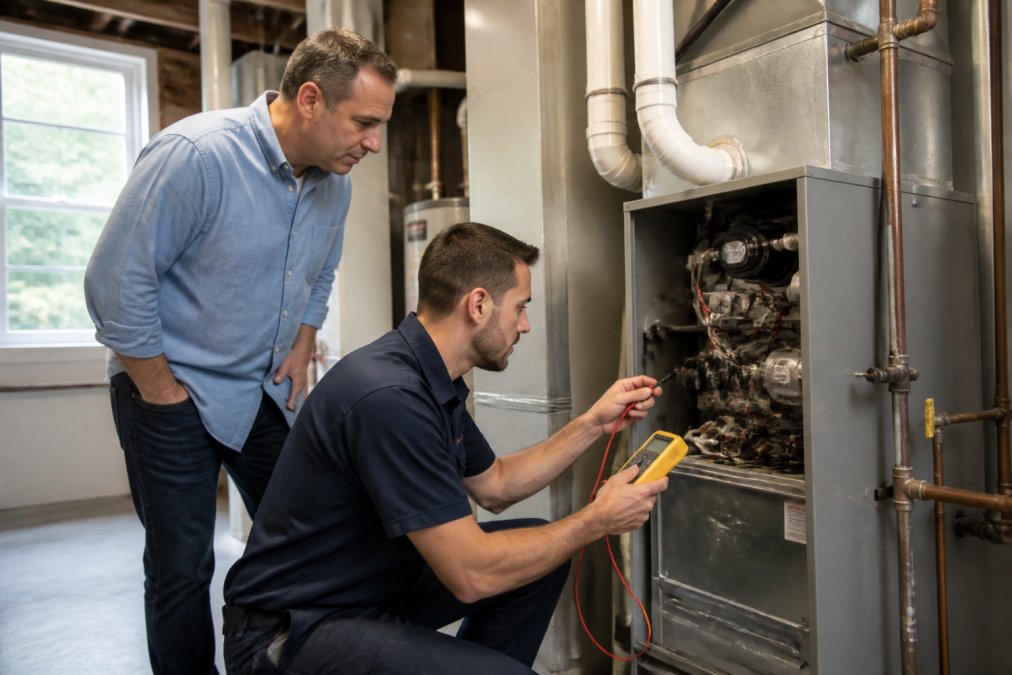 A licensed HVAC technician in uniform inspecting a residential furnace with a digital multimeter, homeowner watching nearby in a clean basement utility room with natural light
