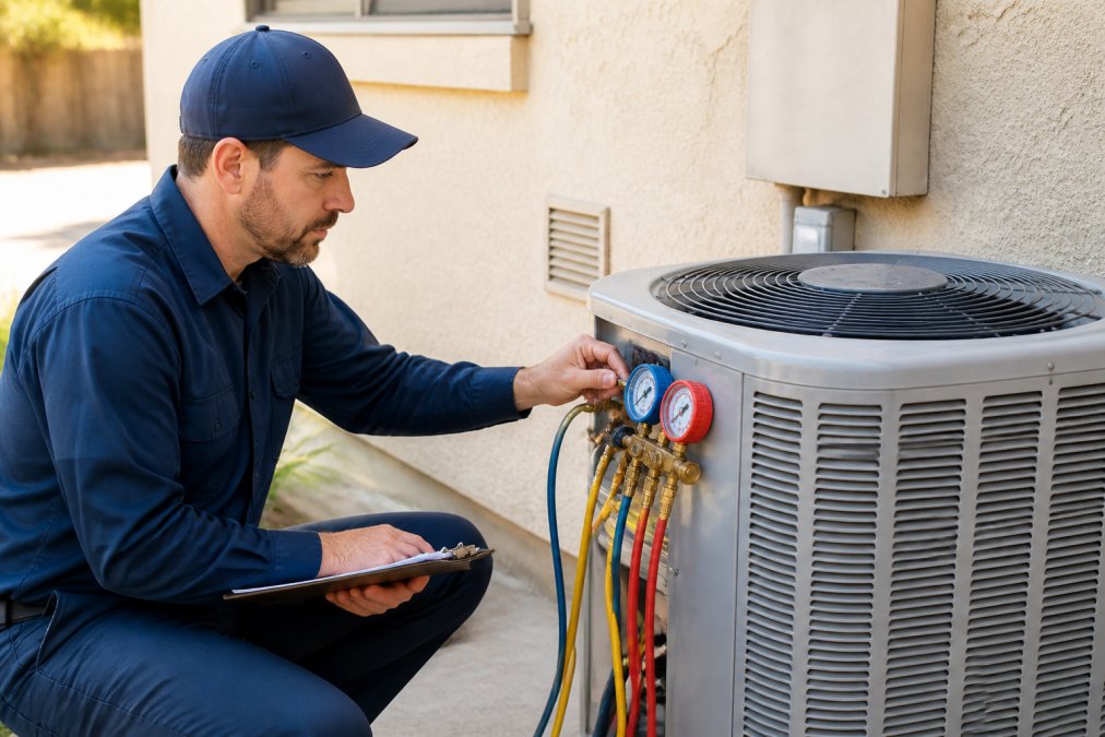 Professional HVAC technician in uniform checking refrigerant levels on a residential air conditioning condenser unit outside a home, using diagnostic tools and clipboard