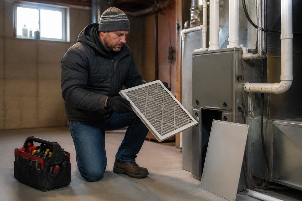 Homeowner in winter gear performing HVAC maintenance by checking a residential furnace air filter