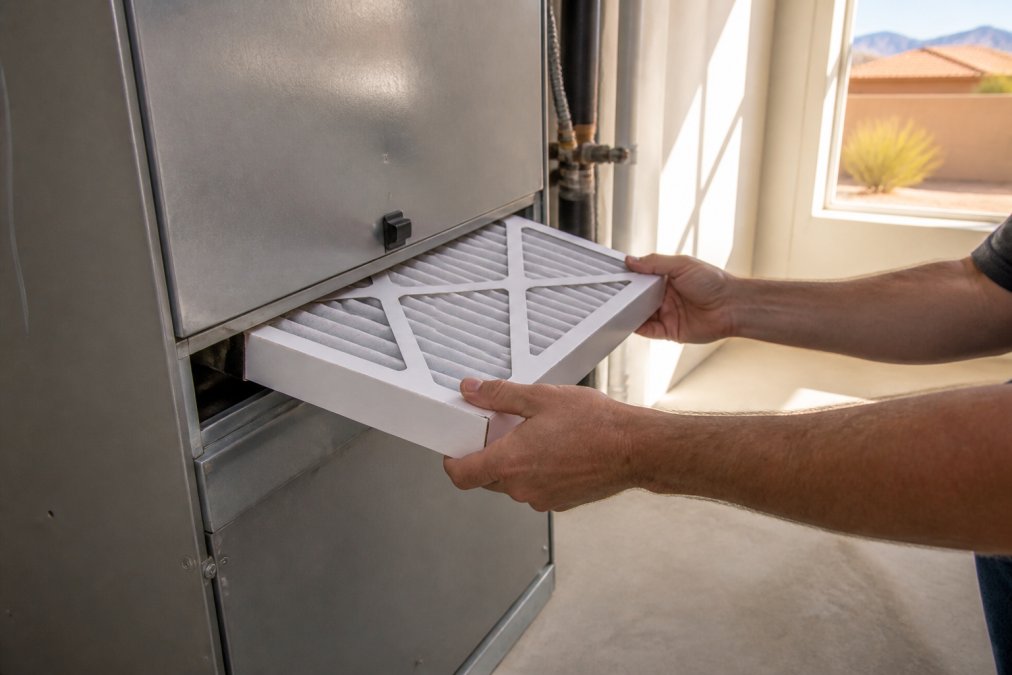 Close-up of a homeowner's hands sliding a new pleated air filter into an older furnace slot, bright desert sunlight streaming through a nearby window
