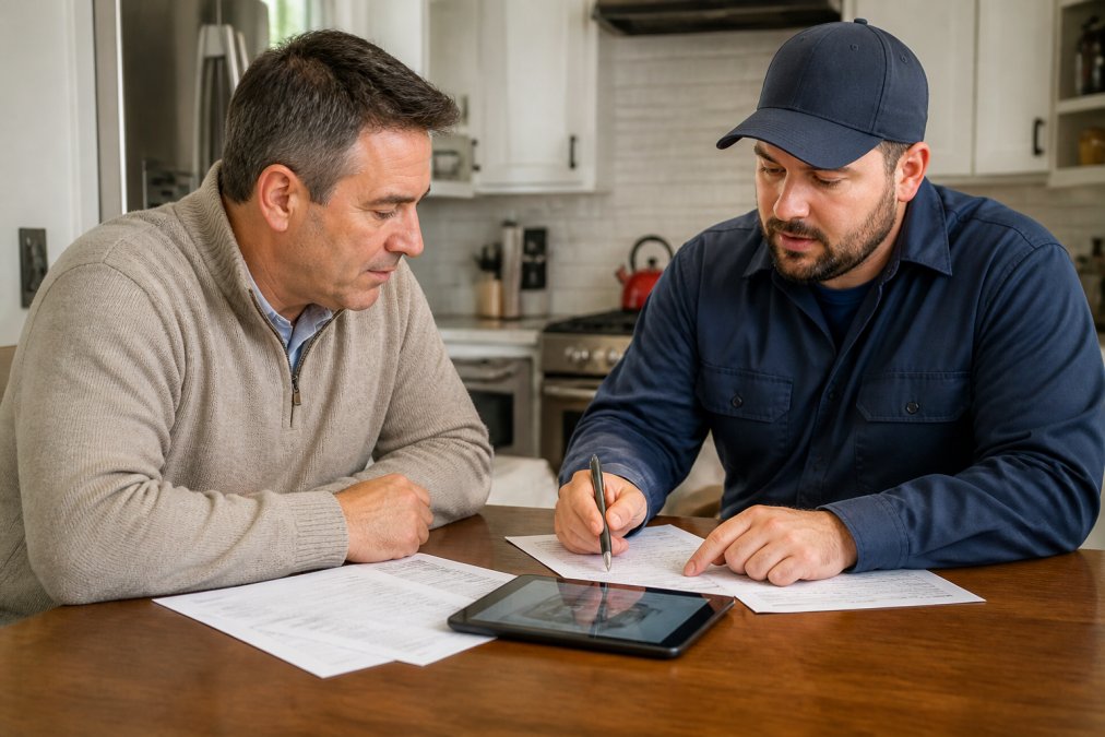 Homeowner and licensed HVAC technician in work uniform reviewing printed estimates and system specifications together at a kitchen table, with a tablet showing system age information visible between them