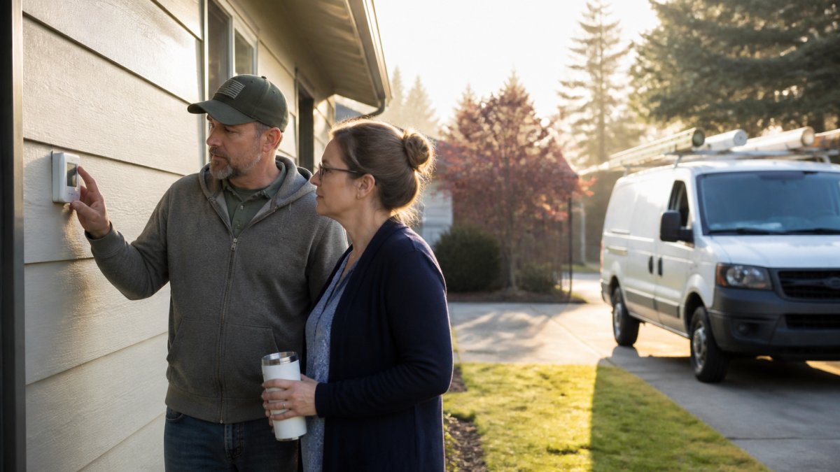 A veteran and a teacher checking a home wall thermostat during a professional HVAC repair service.