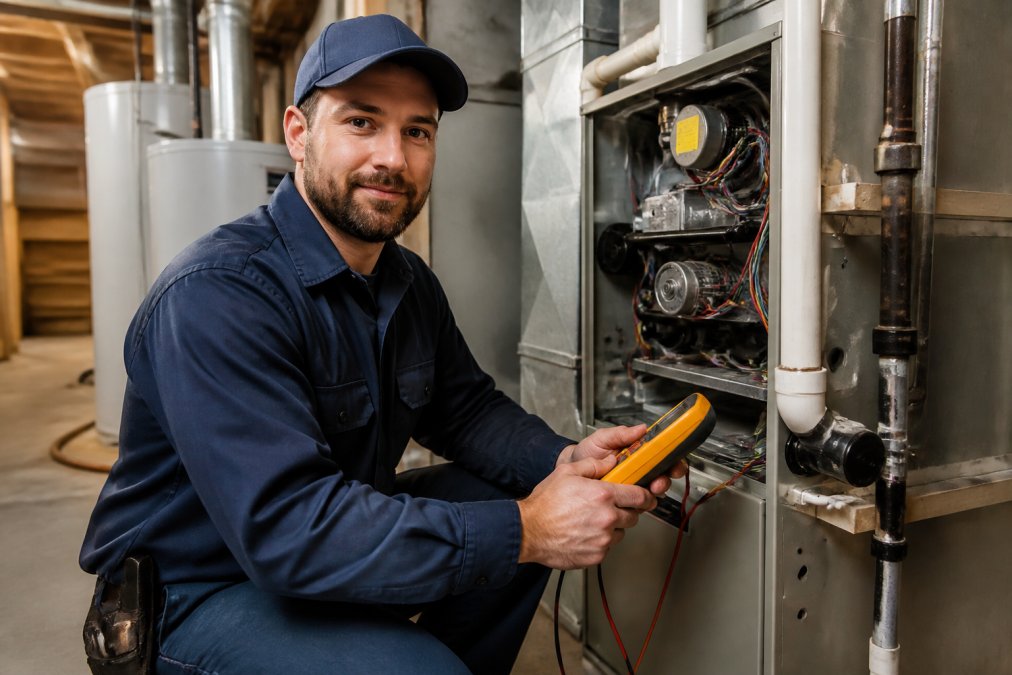 Professional HVAC technician in uniform holding diagnostic equipment, standing in front of an indoor furnace unit in a residential basement with proper lighting