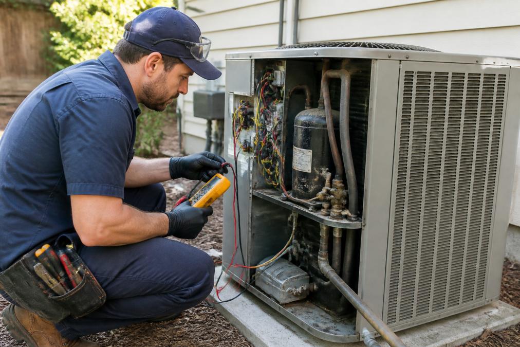 Professional HVAC technician in work uniform inspecting interior components of outdoor condensing unit with multimeter and diagnostic tools, examining compressor and refrigerant lines in afternoon sunlight
