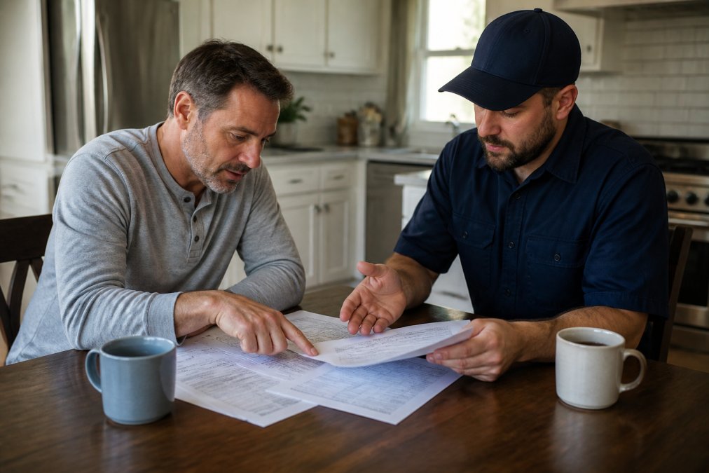 Homeowner and licensed HVAC technician reviewing printed cost estimates and specifications at kitchen table with coffee, homeowner pointing to line items while technician explains options