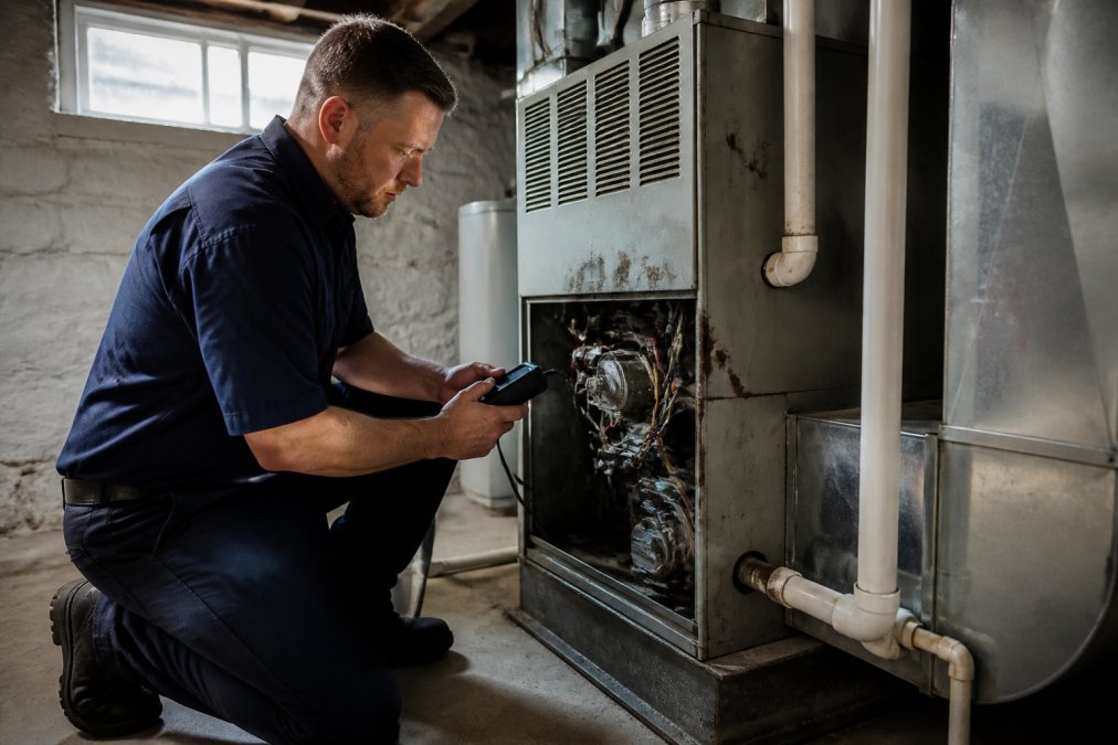 Professional HVAC technician in work uniform inspecting an older furnace unit in a basement, using a digital diagnostic tool to check components, with natural light from a basement window illuminating the equipment