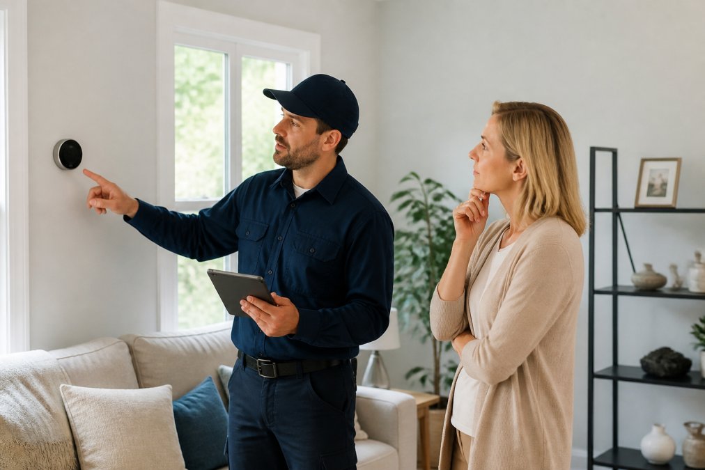 Licensed HVAC technician in professional attire discussing system options with homeowner in living room, pointing to a wall-mounted thermostat while holding a tablet with system specifications, natural daylight streaming through windows