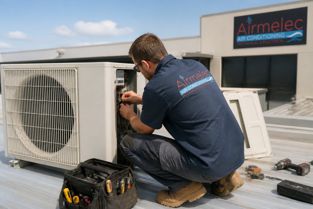 Licensed HVAC technician installing a commercial air conditioning unit on the roof of a small business building, with tools and equipment visible and natural sunlight