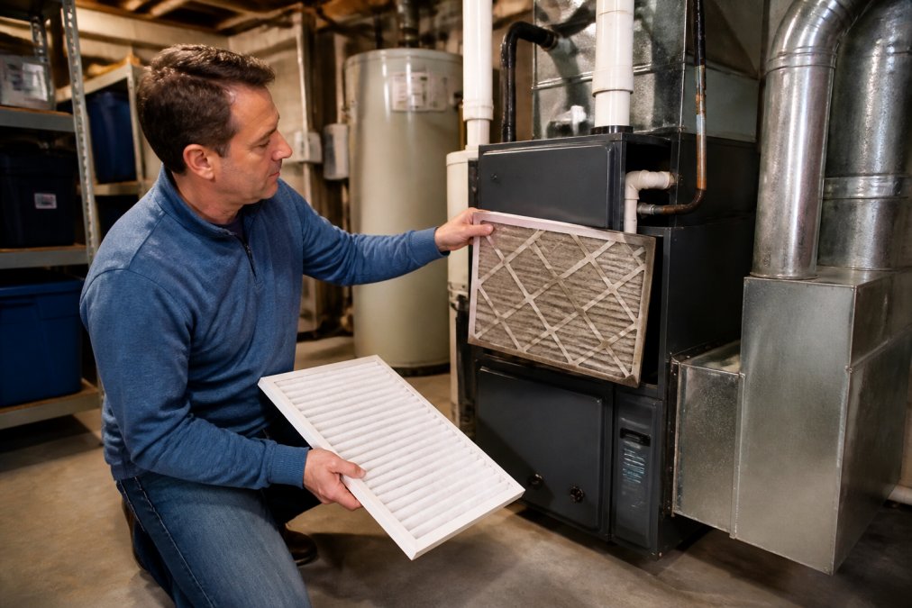 Homeowner checking a clean air filter by a furnace to ensure optimal hvac system efficiency during maintenance.