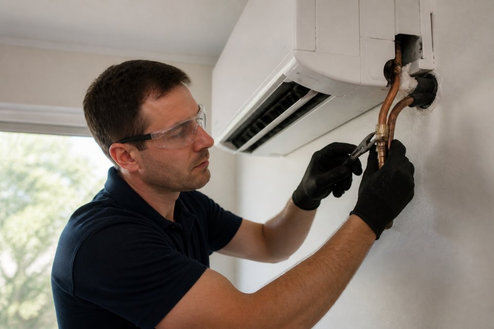 A licensed technician in safety gloves and glasses carefully disconnecting copper pipes from a wall-mounted split system unit inside a residential home, natural daylight through a nearby window