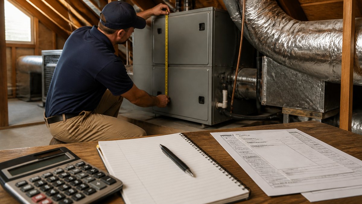 Professional HVAC technician measuring ductwork dimensions and inspecting air handler unit mounted in residential attic mechanical room with natural light